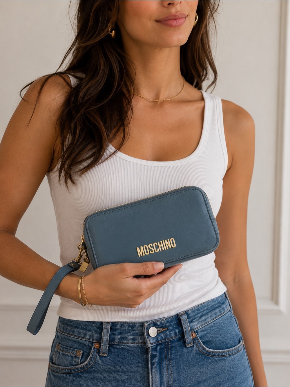 Moschino Slate Blue Wristlet with Gold Logo